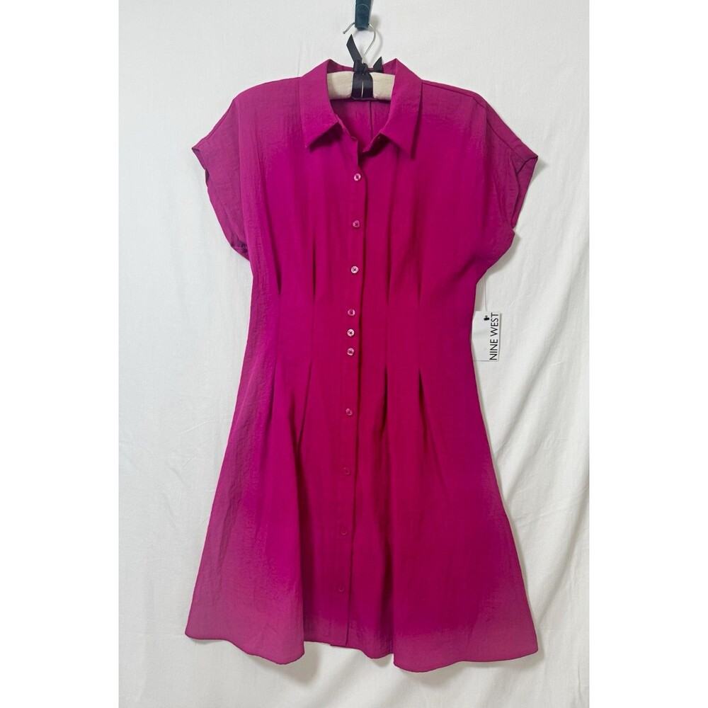 Nine West Women’s Pink Solid Shirt Dress Button Front Collared Knee Length S